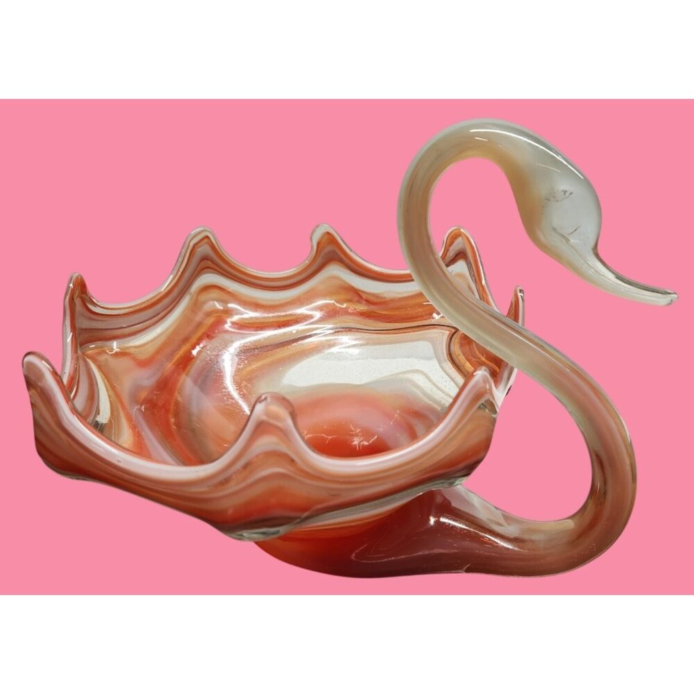 VTG Murano Style Art Glass Swan Bowl With Ruffled Edge‎ Red & White Swirl Design